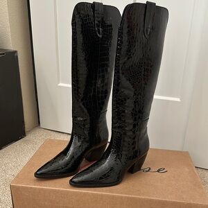 Matisse Black Croc-Embossed Patent Leather Western Heeled Knee High Cowboy Boots